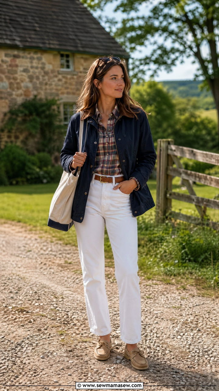 Barn Jacket With Flannel Shirt And Straight Leg White Jeans - 35 classy summer to fall outfits