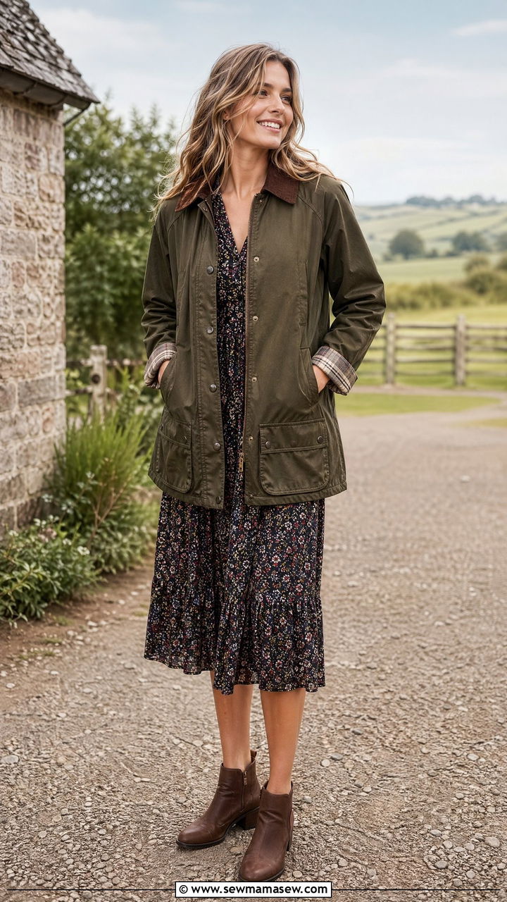 Barn Jacket With a Midi Dress and Ankle Boots - 35 transitional outfit ideas for women