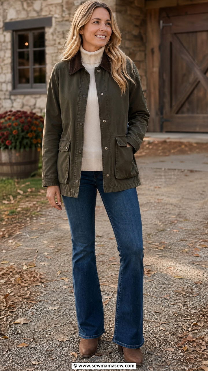Barn Jacket With a Turtleneck and Bootcut Jeans - 40 trendy outfits for women