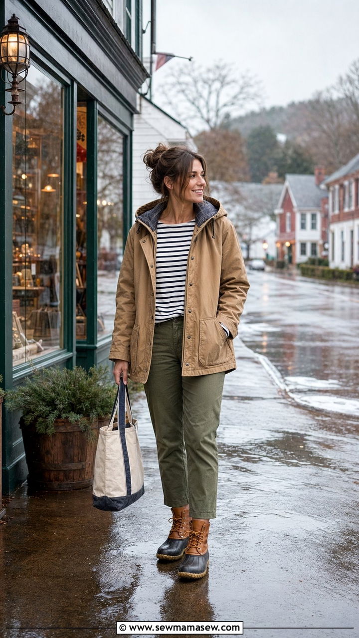 Barn Jacket with Striped Tee and Chinos Rainy Day - 35 Rainy summer outfits