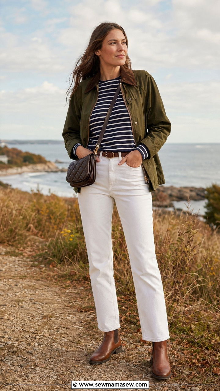 Barn Jacket with Striped Tee and White Jeans - 35 Nautical outfit ideas