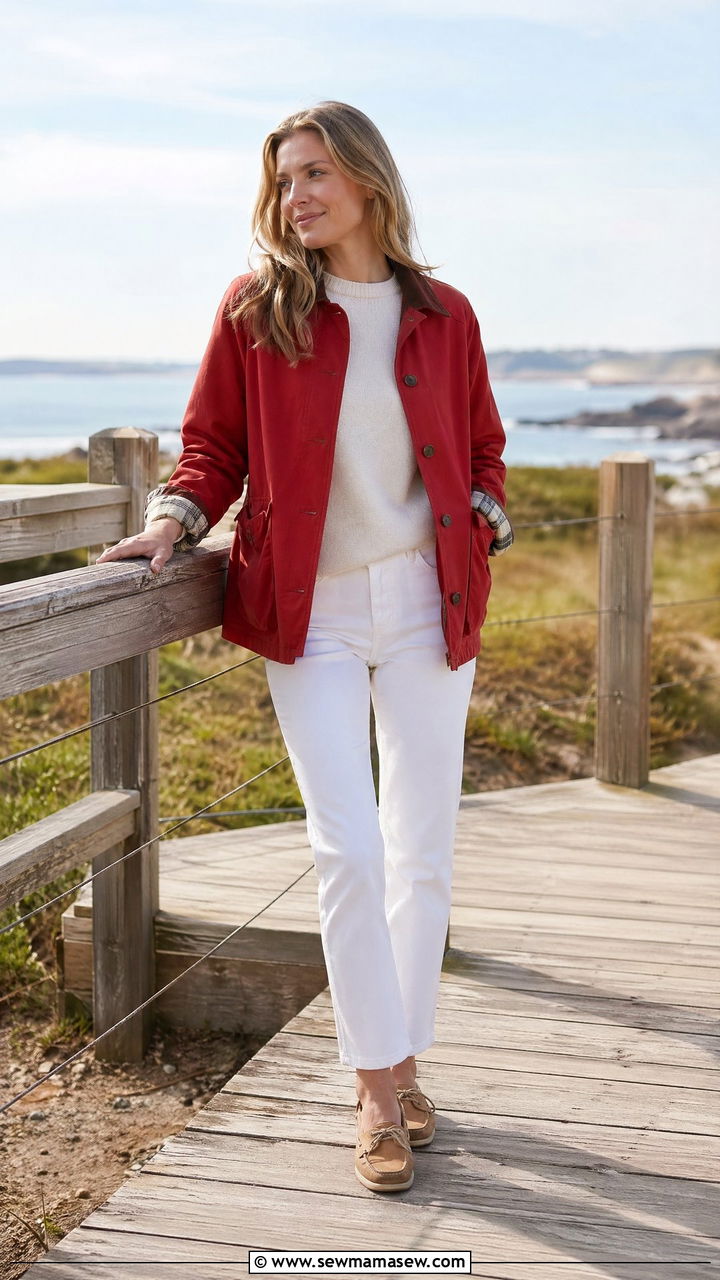 Barn jacket with white jeans and suede boat shoes - 35 Transitional wardrobe ideas