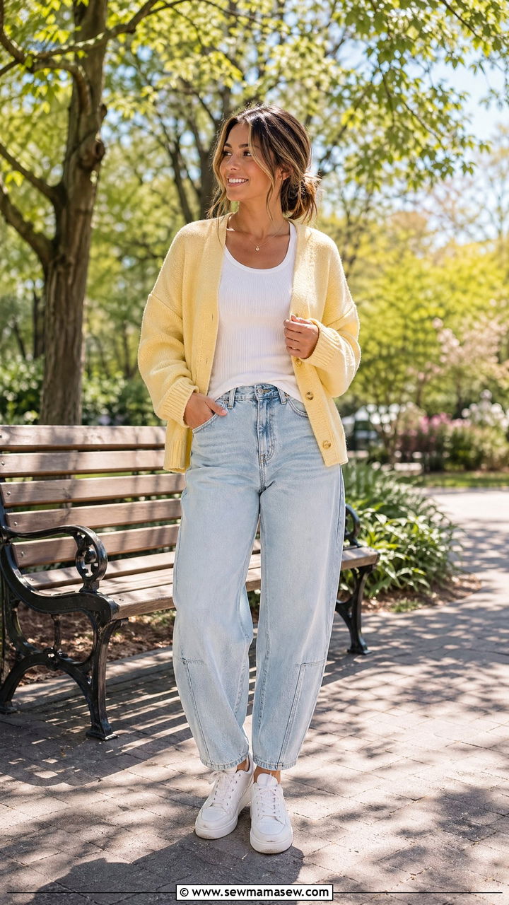 Barrel Jeans and White Tank with Yellow Cardigan - 35 Spring outfits for stay at home moms