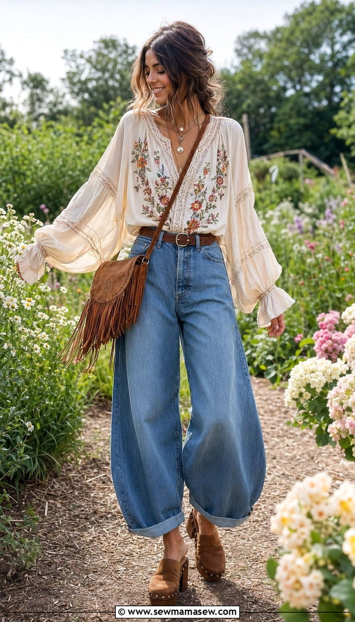 Barrel Jeans with Boho Flowing Top - 30 barrel jeans outfit ideas for women