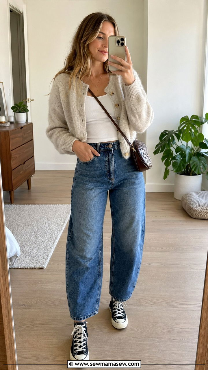Barrel Jeans with Cropped Cardigan - 30 barrel jeans outfit ideas for women