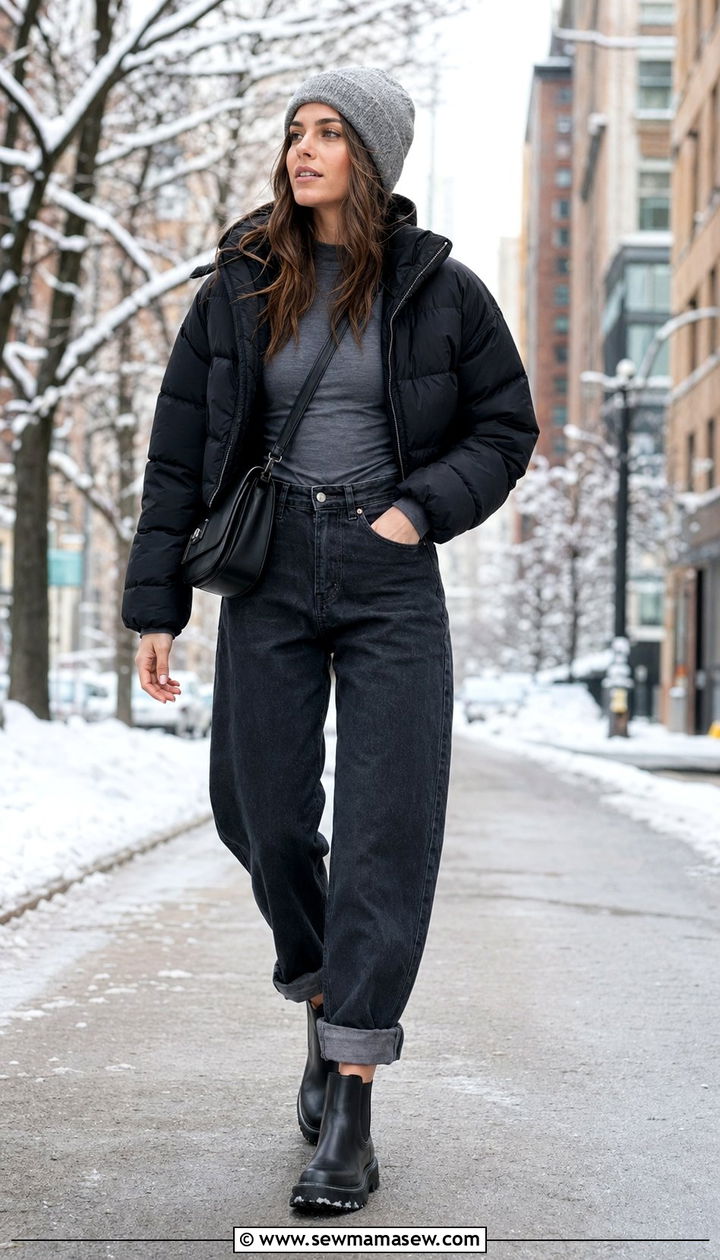 Barrel Jeans with Cropped Puffer Jacket - 30 barrel jeans outfit ideas for women