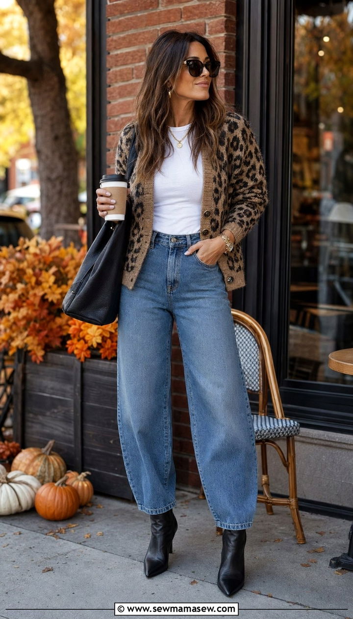 Barrel Jeans with Leopard Cardigan - 30 barrel jeans outfit ideas for women