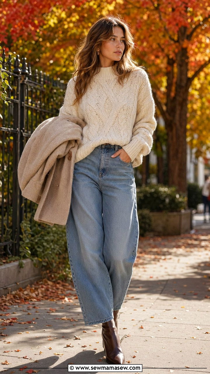 Barrel Jeans with Oversized Knit Sweater - 30 barrel jeans outfit ideas for women