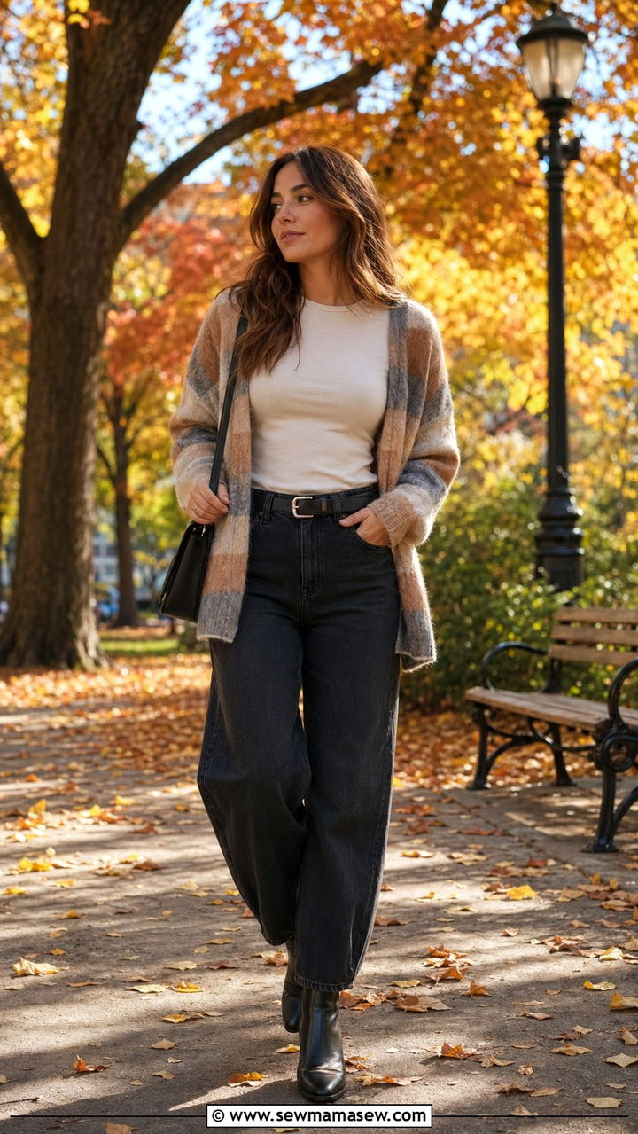 Barrel Jeans with Plaid Cardigan and Ankle Boots - 30 barrel jeans outfit ideas for women