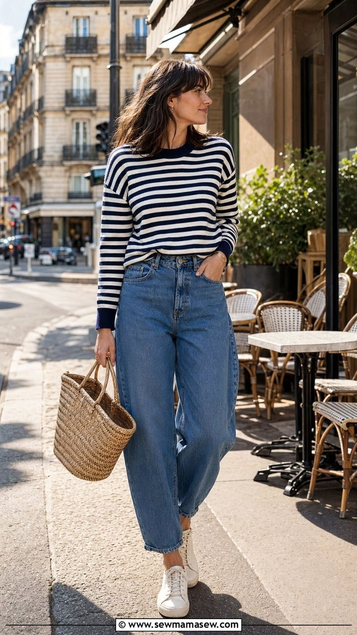 Barrel Jeans with Striped Breton Sweater - 30 barrel jeans outfit ideas for women