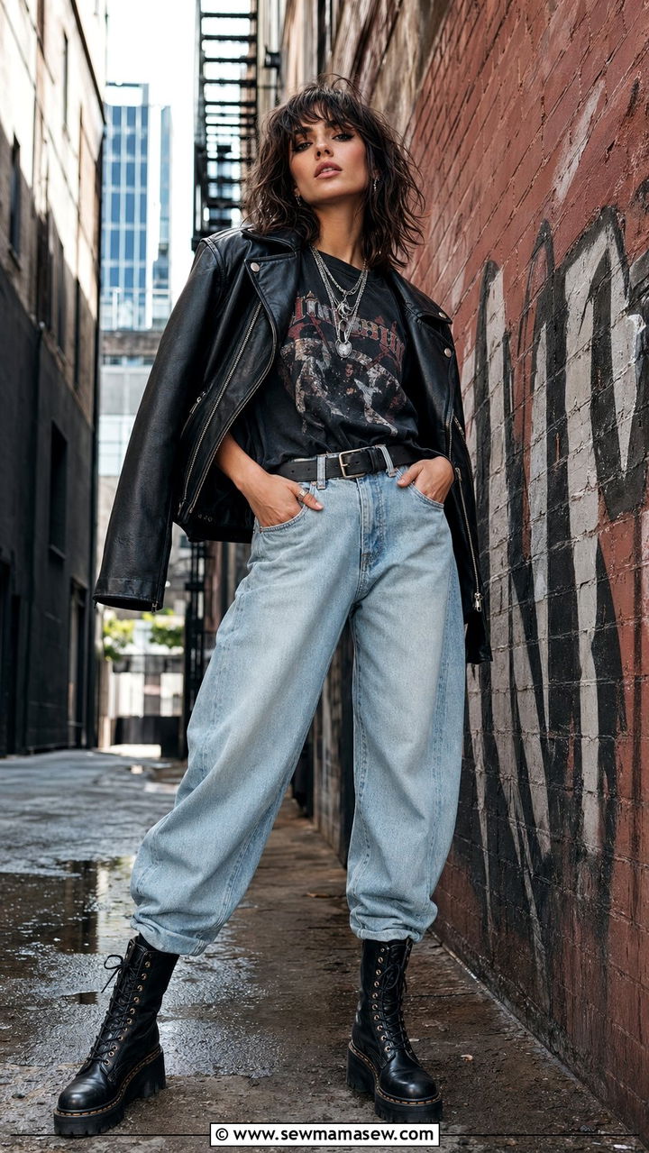 Barrel Jeans with Vintage Band Tee and Combat Boots - 30 barrel jeans outfit ideas for women