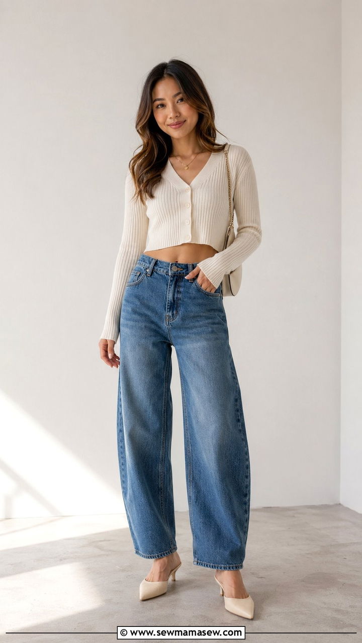 Barrel Leg Jeans With A Cropped Ribbed Cardigan And Mules - 30 Best jeans for petite women