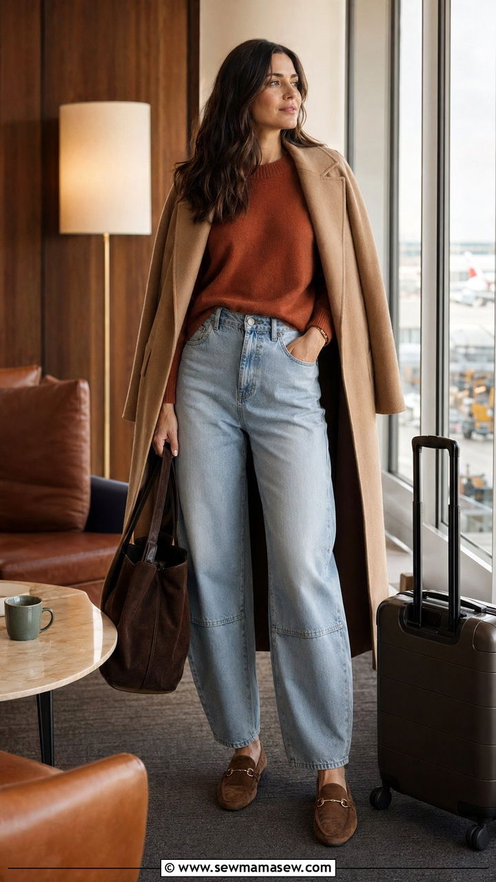 Barrel Leg Jeans With Cashmere Sweater - 30 airport outfits Pinterest