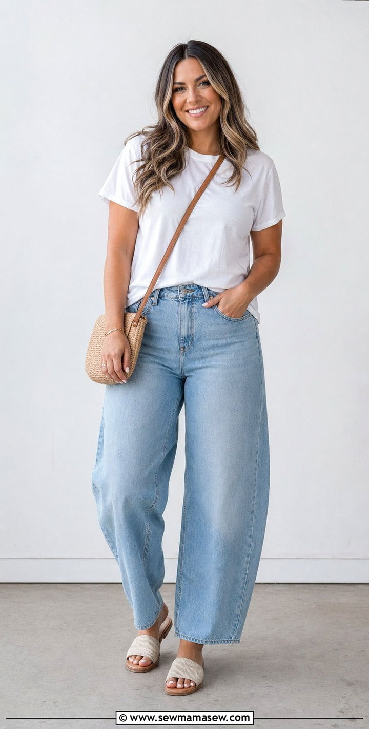 Barrel Leg Jeans With Simple White Tee - 30 Best pants for curvy women