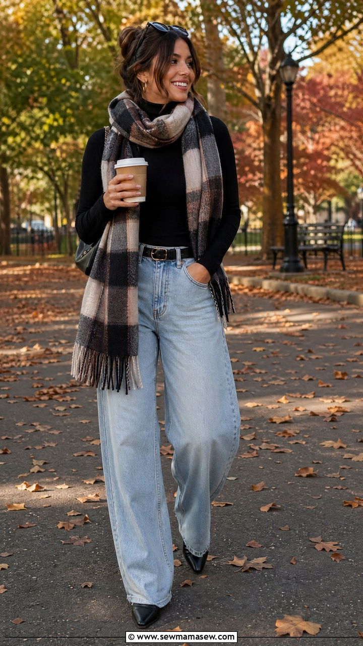 Barrel Leg Jeans With a Fitted Turtleneck and an Oversized Scarf - 35 Summer to fall transition outfits