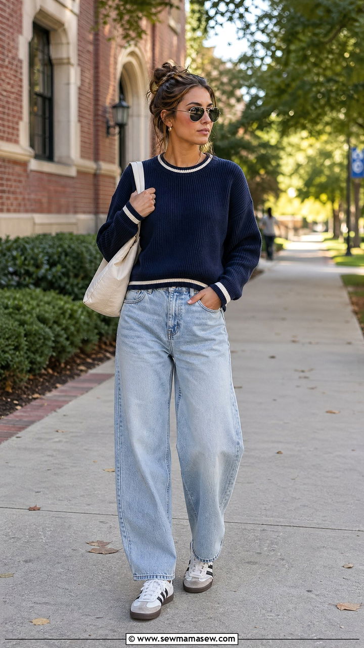 Barrel Leg Jeans with Collegiate Knit and Retro Sneakers - 35 college outfits ideas