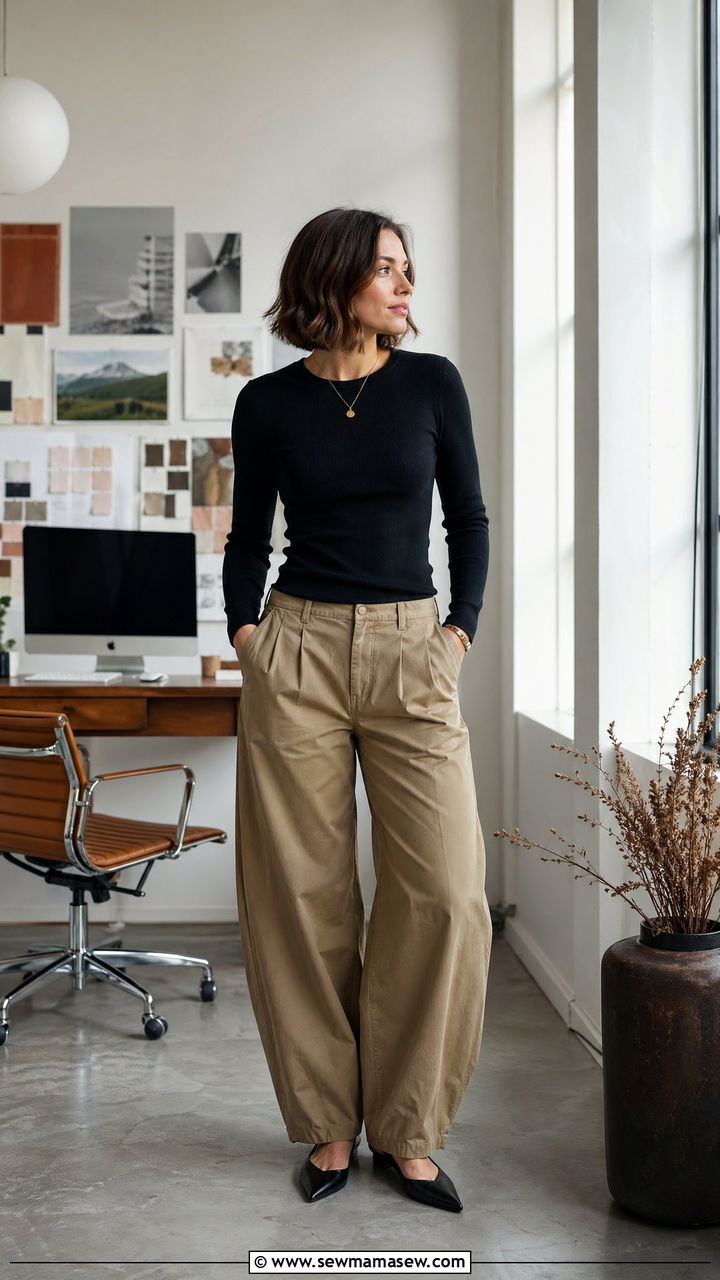 Barrel Leg Trousers With Fitted Top - 35 spring chic outfit ideas