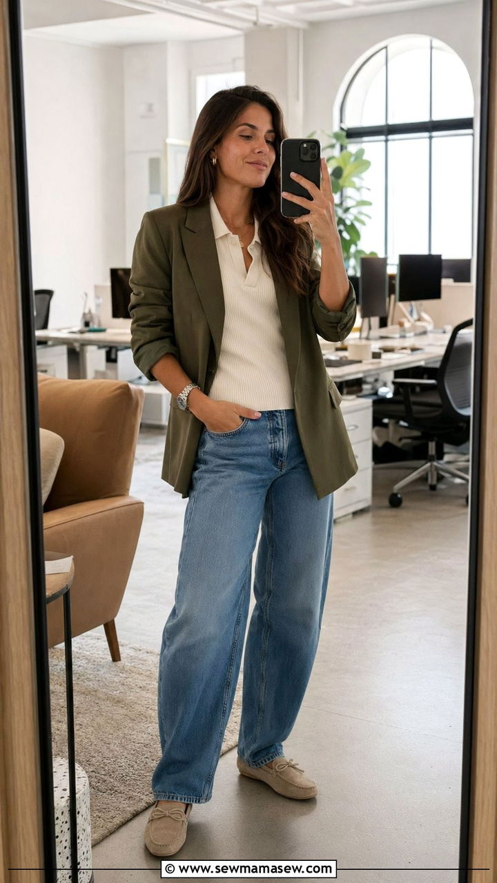 Barrel jeans and blazer casual Friday outfit - 30 Barrel jeans outfit ideas with a blazer