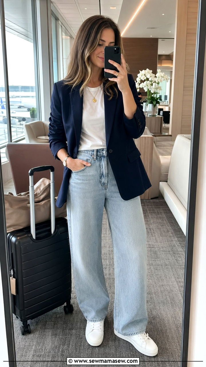 Barrel jeans and blazer with sneakers outfit - 30 Barrel jeans outfit ideas with a blazer