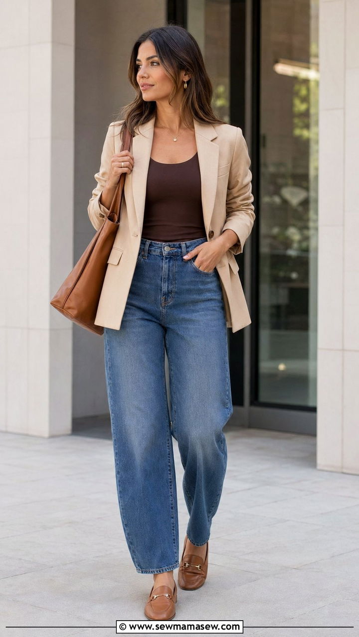 Barrel jeans with beige blazer outfit - 30 Barrel jeans outfit ideas with a blazer
