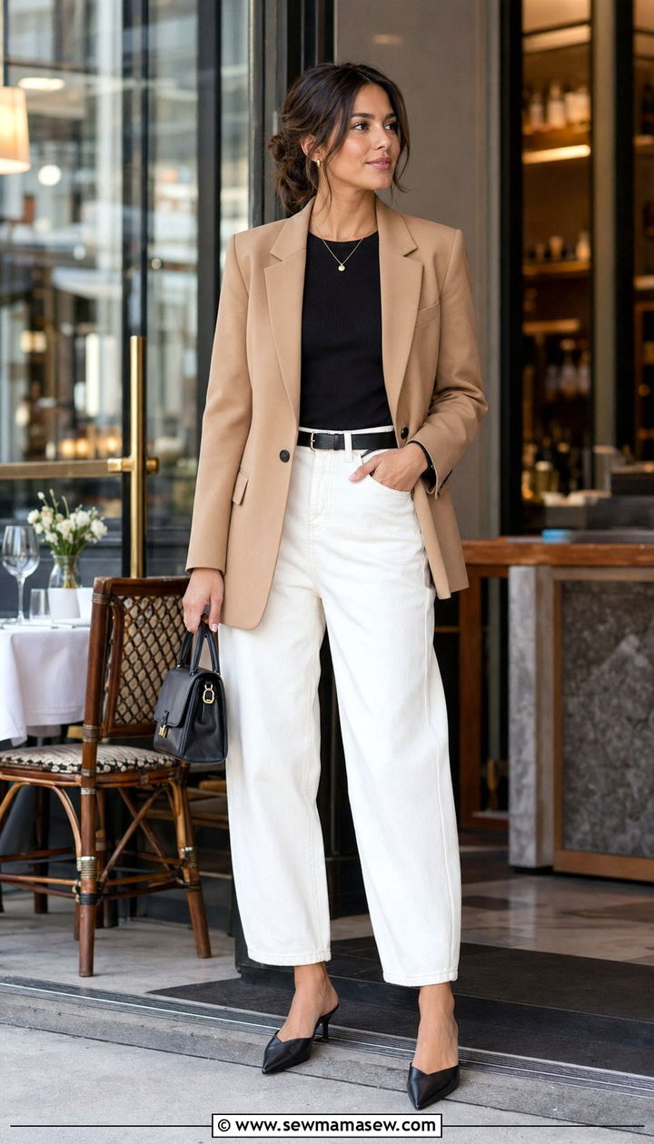 Barrel jeans with camel blazer outfit - 30 Barrel jeans outfit ideas with a blazer