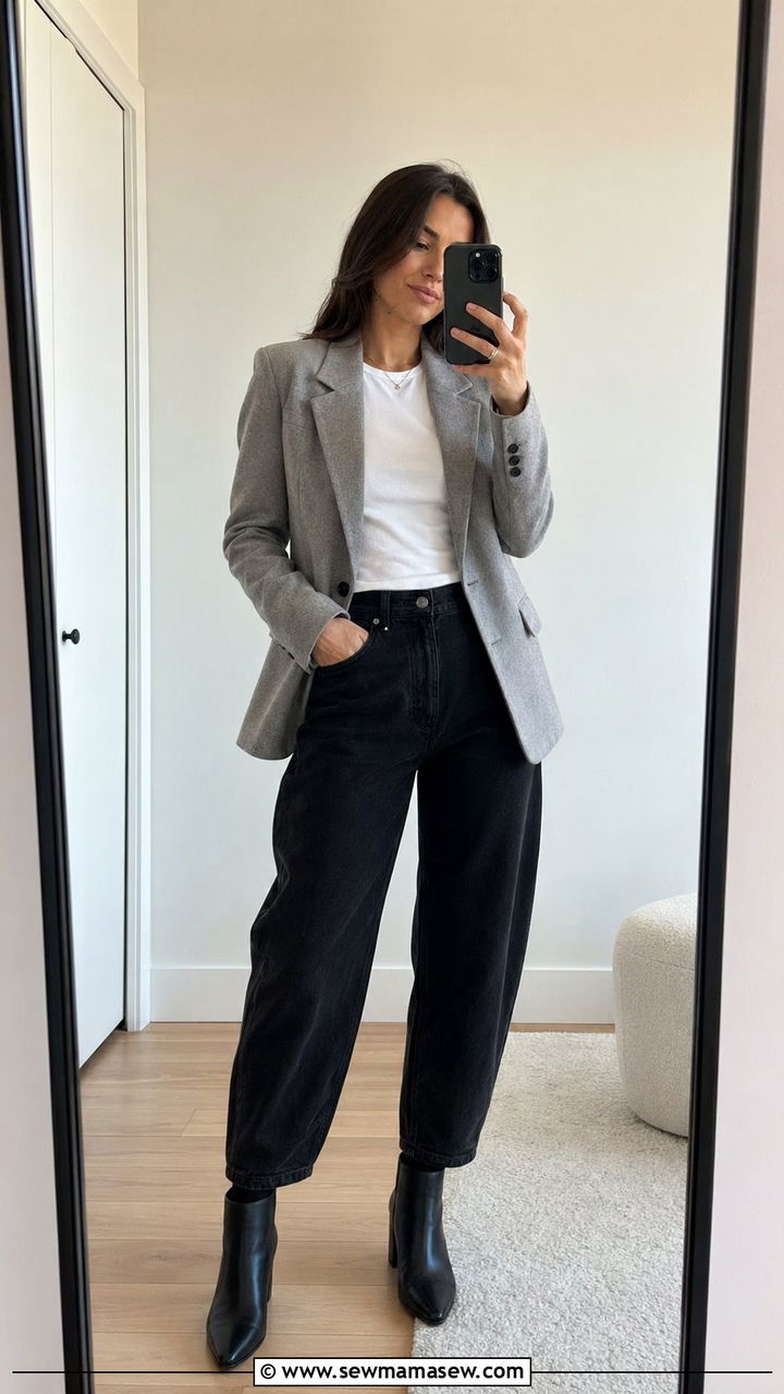 Barrel jeans with grey blazer outfit - 30 Barrel jeans outfit ideas with a blazer