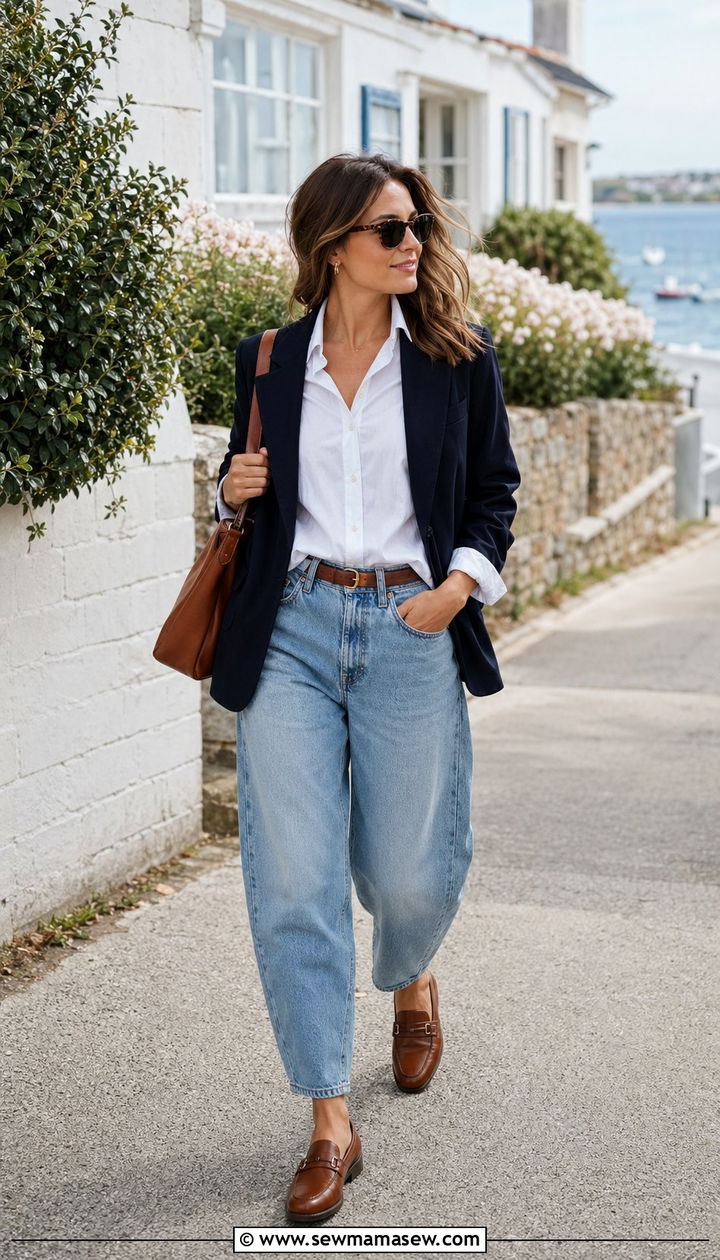 Barrel jeans with navy blazer outfit - 30 Barrel jeans outfit ideas with a blazer