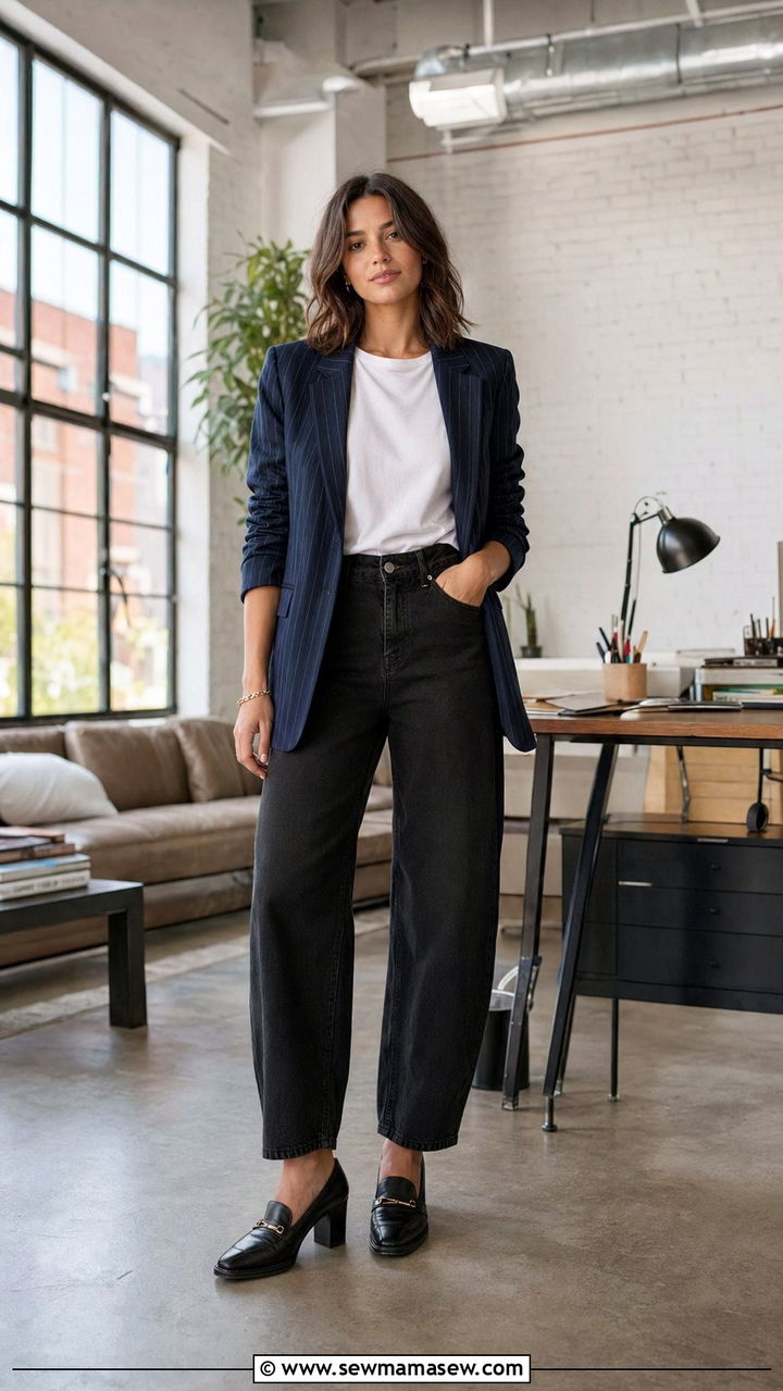 Barrel jeans with pinstripe blazer outfit - 30 Barrel jeans outfit ideas with a blazer