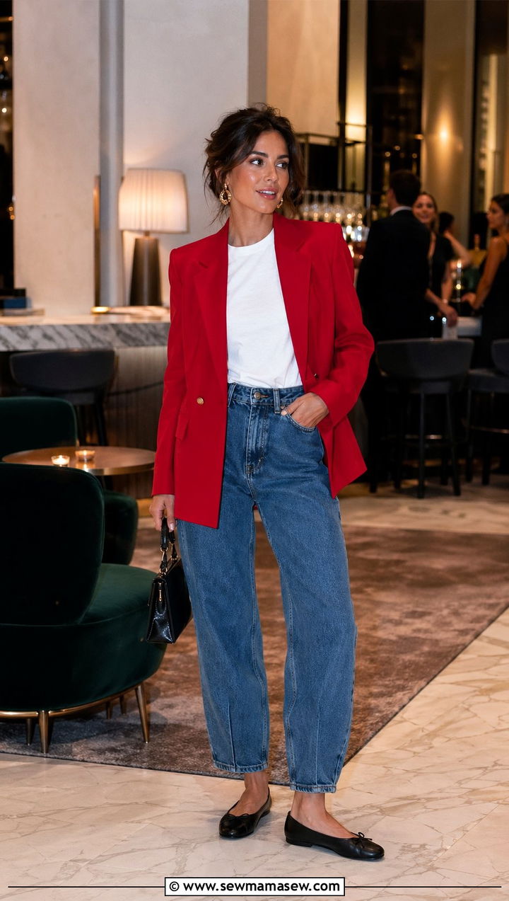 Barrel jeans with red blazer outfit - 30 Barrel jeans outfit ideas with a blazer