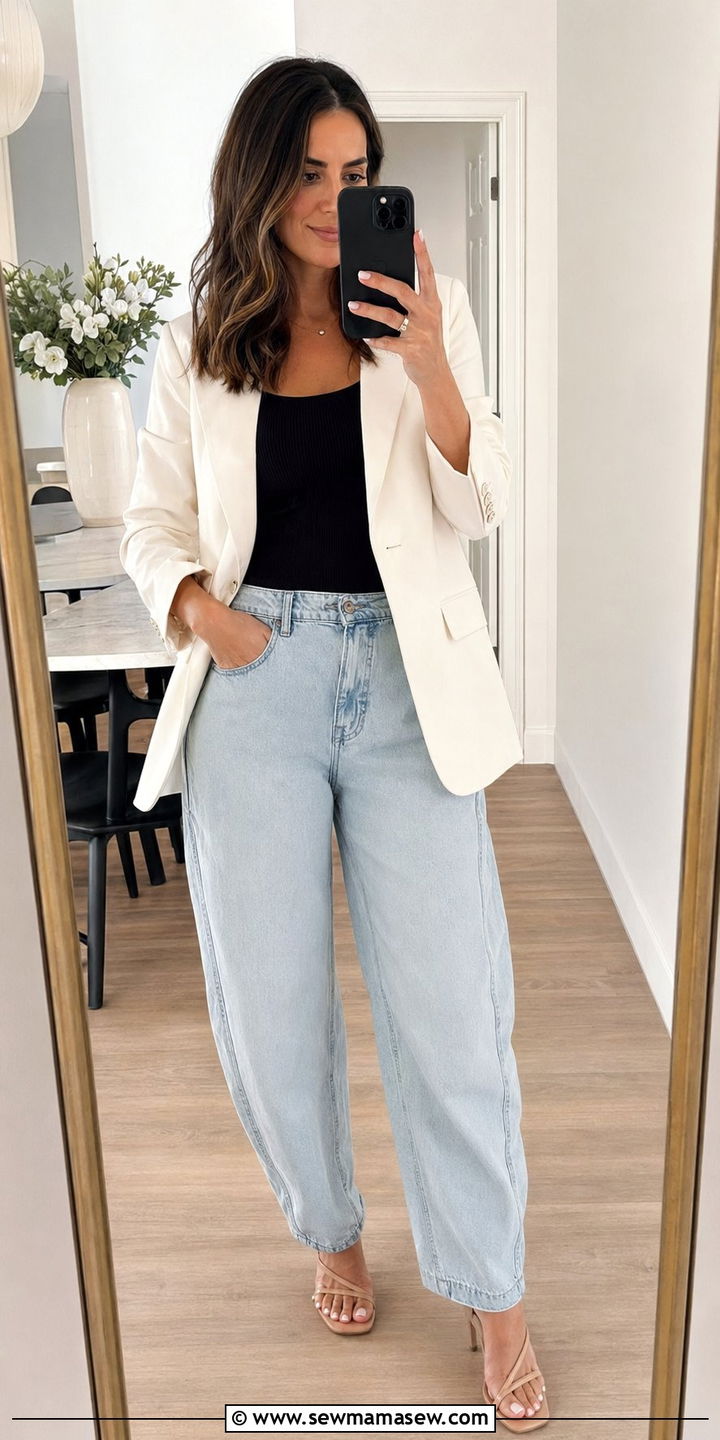 Barrel jeans with white blazer outfit - 30 Barrel jeans outfit ideas with a blazer