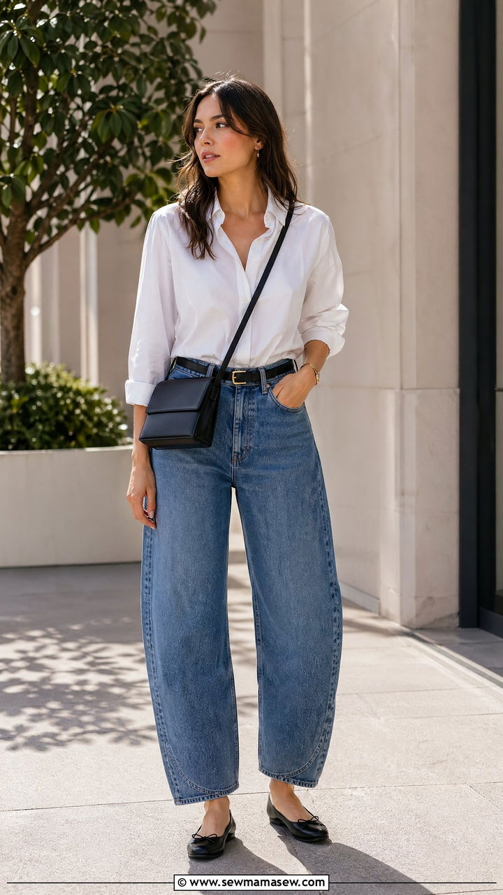 Barrel leg jeans with crisp cotton shirt - 35 spring smart casual outfit ideas