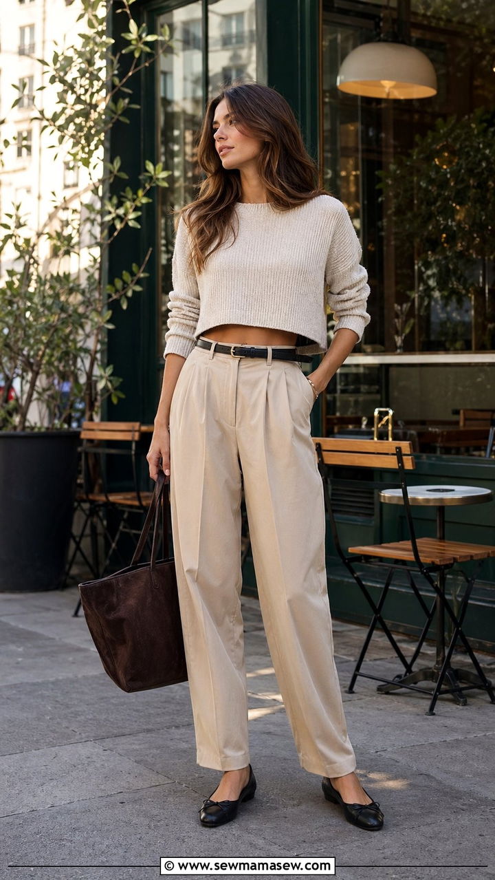 Barrel leg pants with cropped sweater and ballet flats - 30 Best pants for tall women