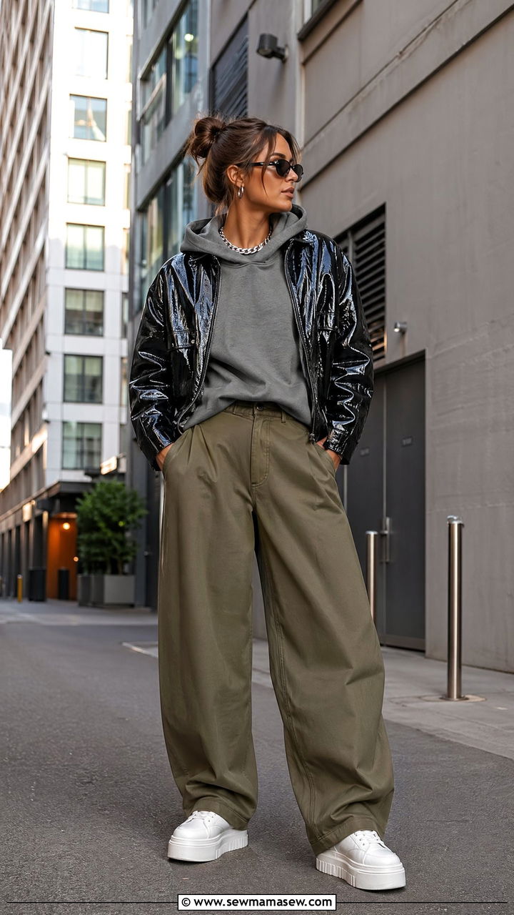 Barrel leg trousers with a patent leather jacket and hoodie - 35 Spring outfit ideas 2026