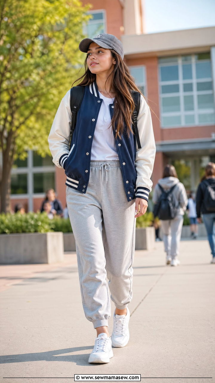 Baseball Cap With Varsity Jacket and Joggers - 35 spring school outfit ideas