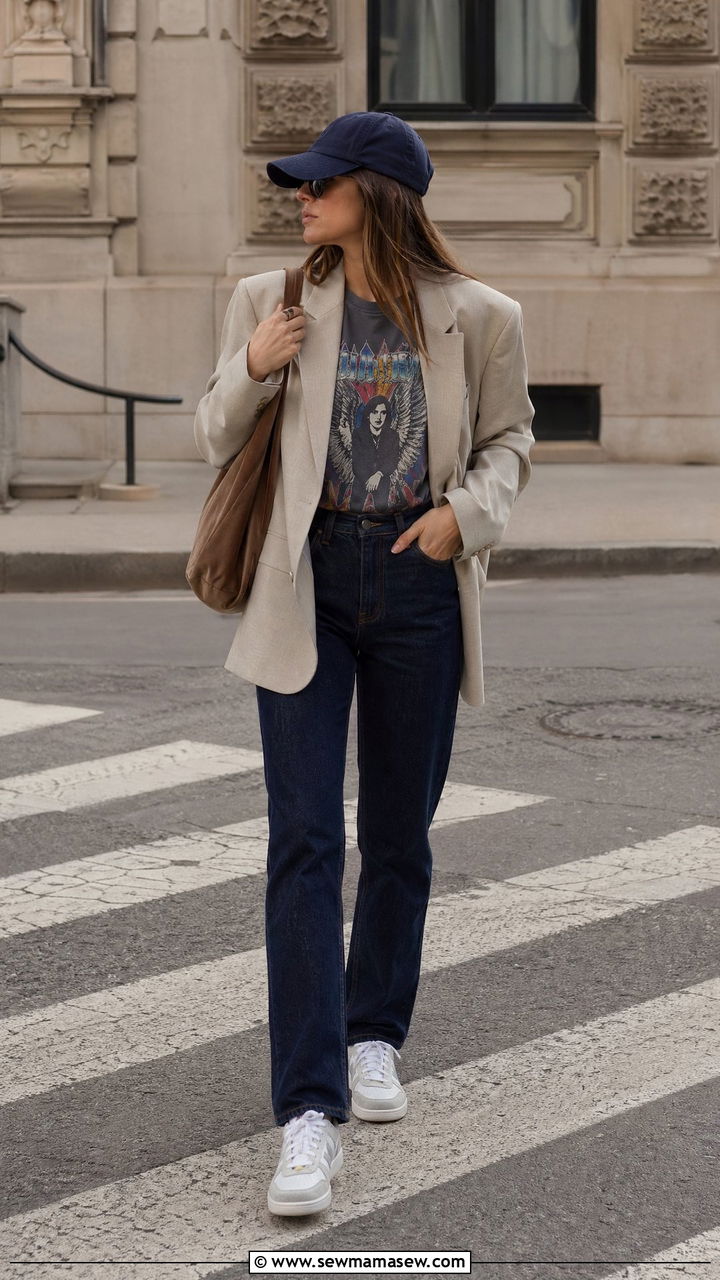 Baseball Cap with Blazer Graphic Tee and Jeans - 35 spring preppy outfits