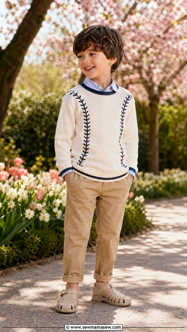Baseball Sweater and Khaki Pants Outfit - 35 Spring outfits for kids