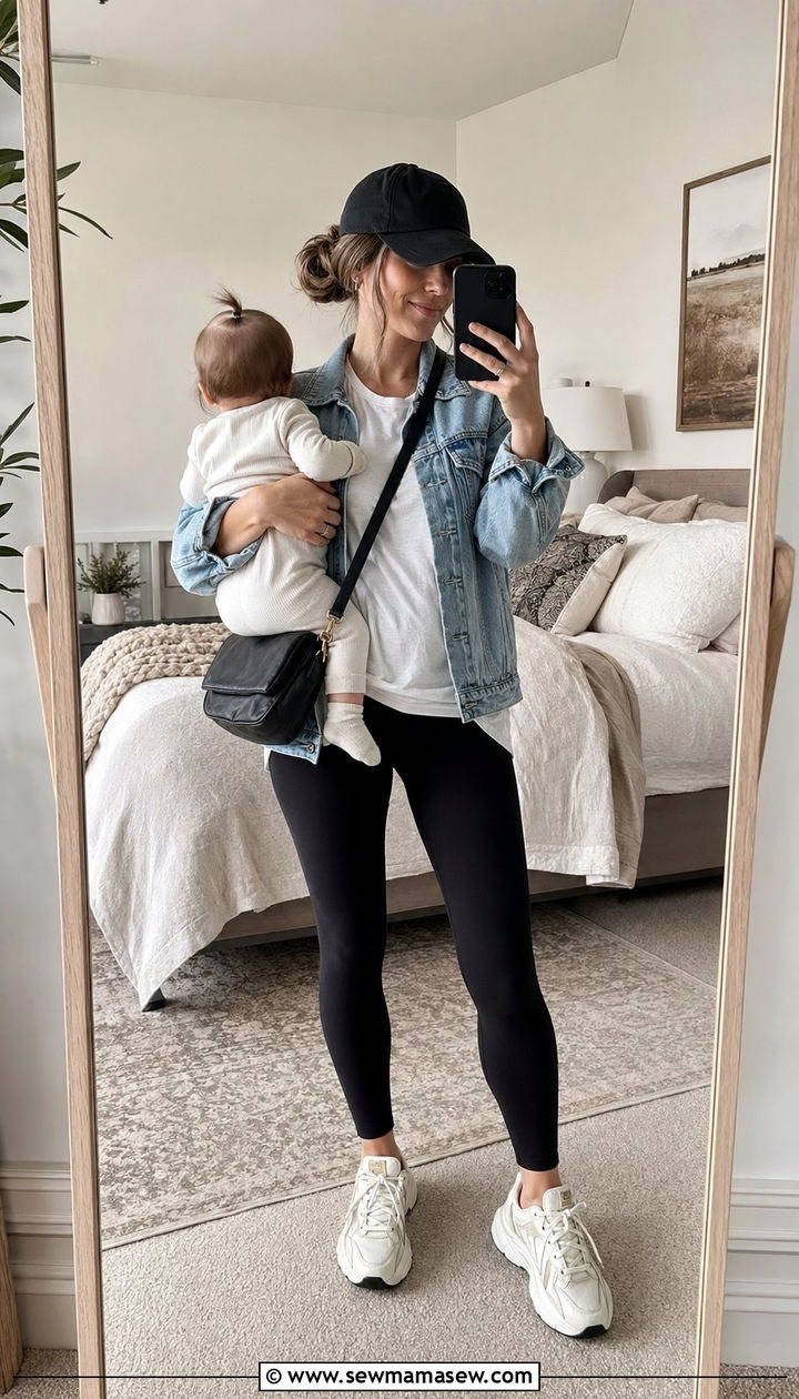 Baseball cap and casual layers outfit - 35 Outfit ideas for new moms