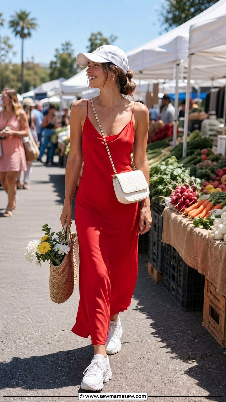 Baseball cap with a slip sundress and chunky white sneakers spring farmers market outfit - 35 spring farmers market outfit ideas