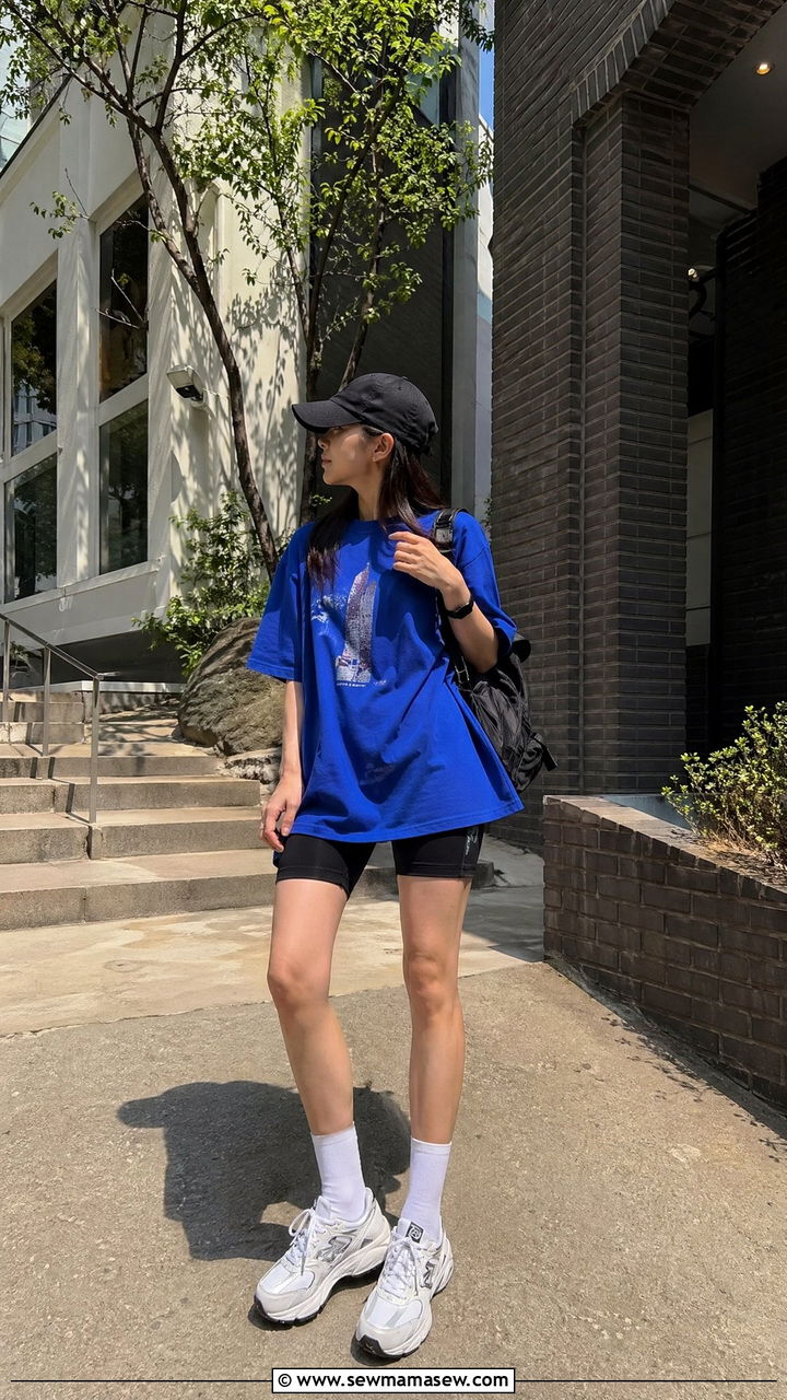 Baseball cap with oversized tee and biker shorts - 35 Seoul vacation outfit ideas