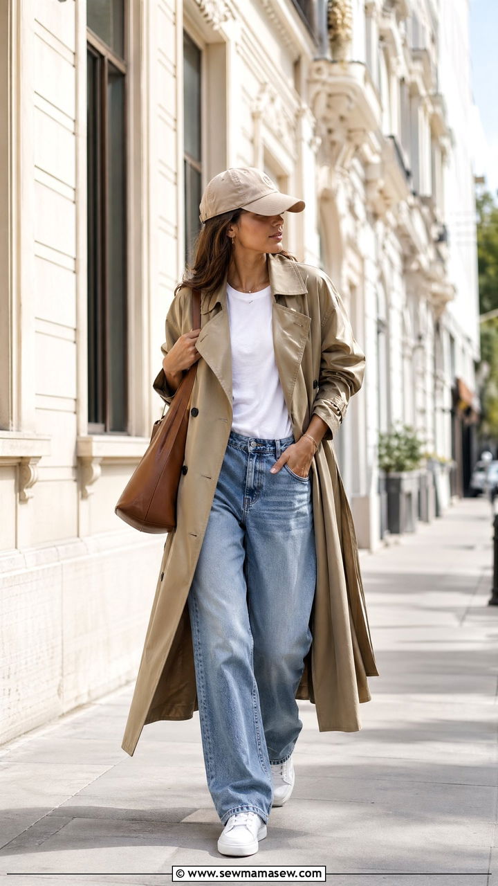 Baseball cap with trench coat outfit - 35 Sporty chic outfit ideas