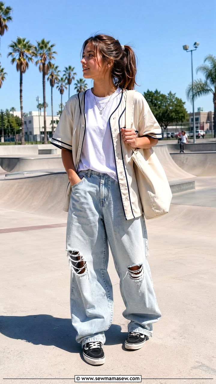 Baseball jersey over white tee with distressed baggy jeans - 35 Streetwear spring outfits