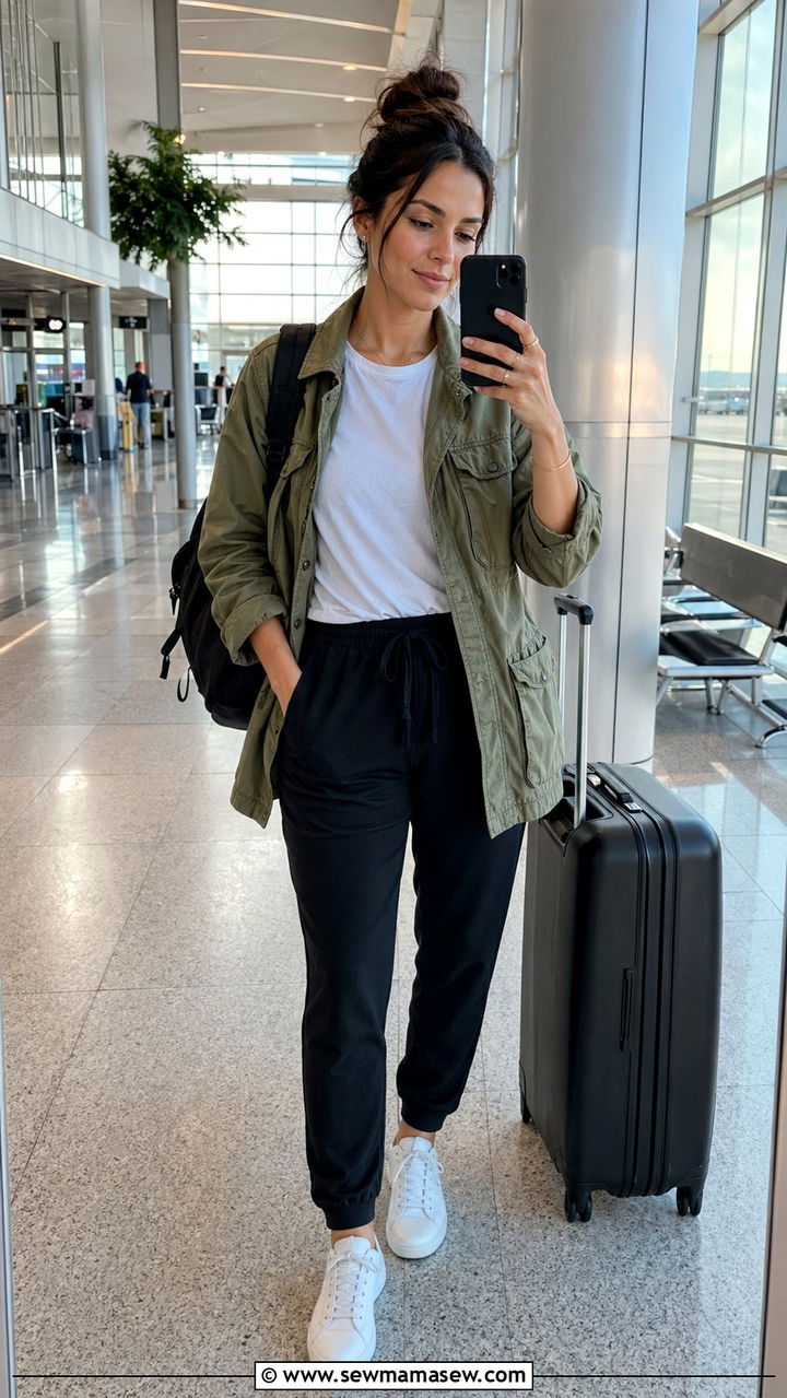 Basic Cotton Tee With Drawstring Trousers And Utility Jacket - 30 airport outfits inspo