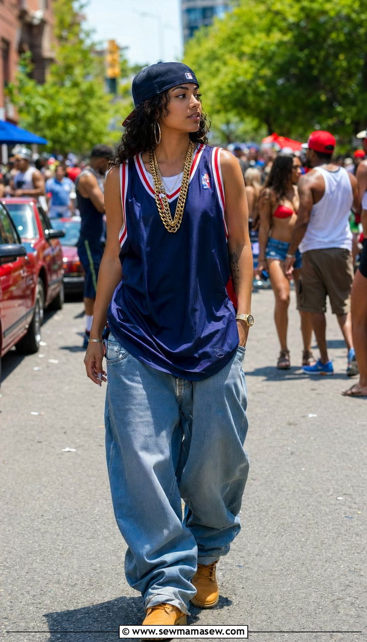 Basketball jersey with baggy jeans and boots - 30 90s summer outfits