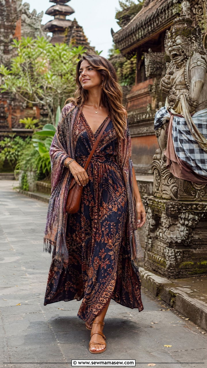 Batik Print Maxi Dress With Flat Sandals - 35 Spring Bali outfit ideas