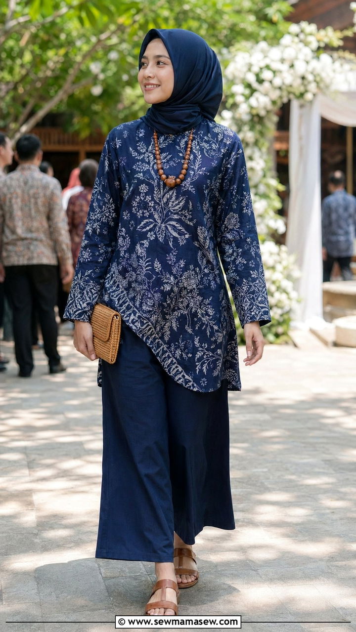 Batik Print Tunic With Culottes And Hijab - 30 wedding guest outfits for hijab women