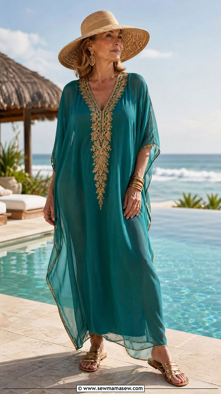 Beachy kaftan with statement accessories - 35 Travel outfit ideas for women over 50