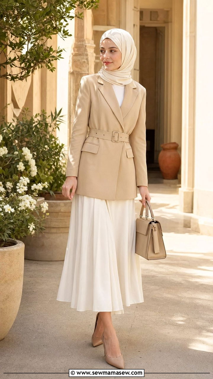 Beige Belted Blazer with Flowing White Skirt - 35 Modest outfit ideas old money