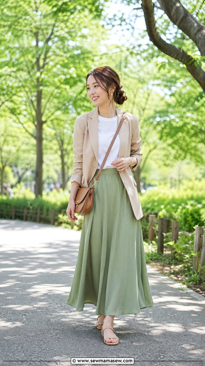 Beige Blazer And Sage Green Maxi Skirt Outfit Spring Japan - 35 Spring Japan outfit ideas