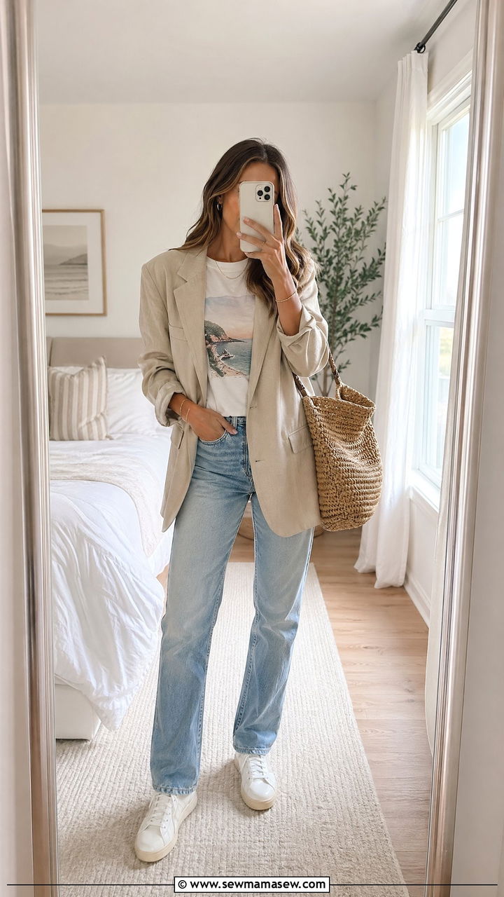 Beige Blazer With Graphic Tee And Light Wash Jeans - 35 classy summer to fall outfits