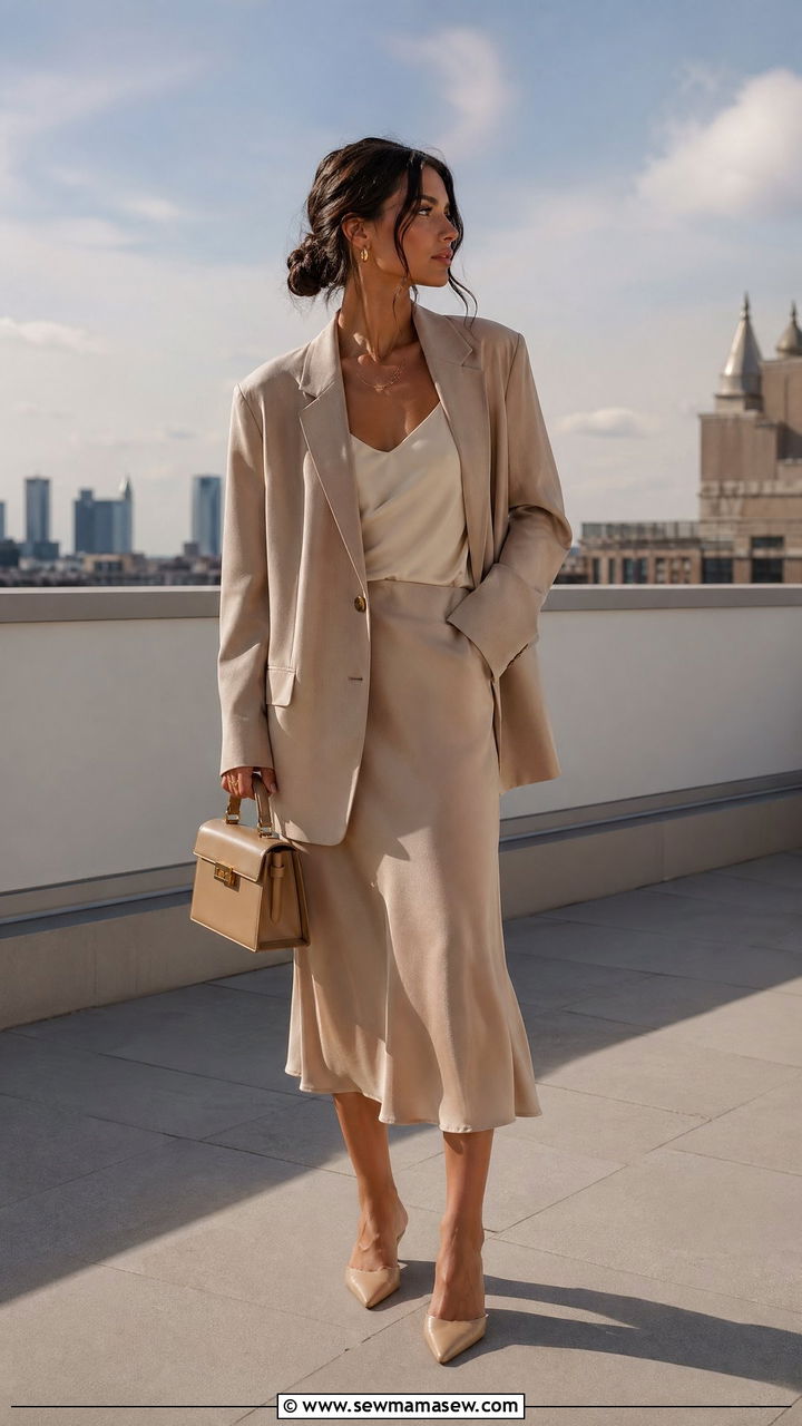 Beige Blazer With Silk Midi Skirt And Pointed Mules - 35 spring parisian outfit ideas